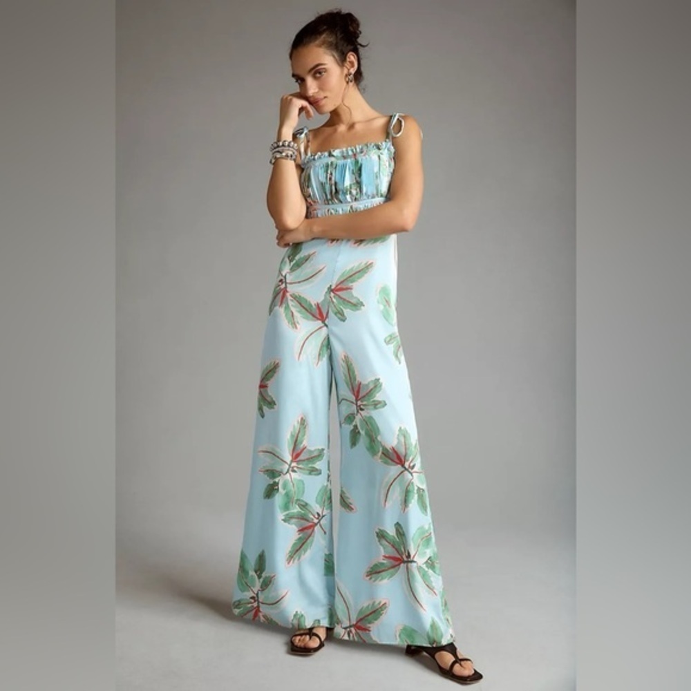 NWT Anthropologie Hutch Ruched Blue Floral Jumpsuit 10